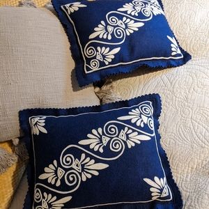 Blue and white appliqued decorative pillows made in Hungary rayon/wool
